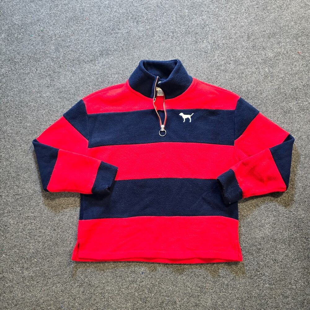Victorias Secret Sweatshirt Womens Medium Red Blue Rugby Stripe 1/4 Zip Casual